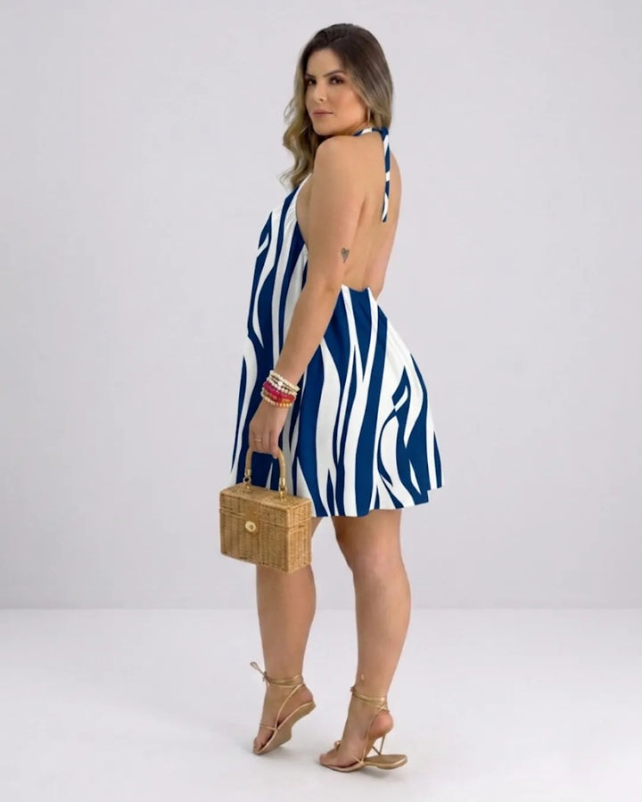 Women's Halter Neck Swing Dress – Tropical Mini Dress with Floral Print | Beach Dress
