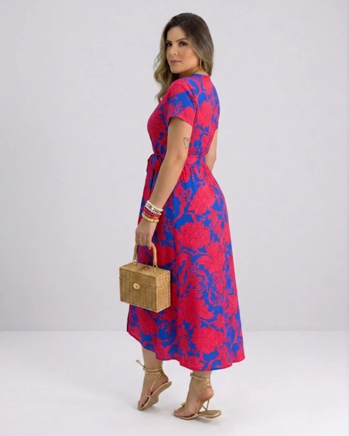 Women's Wrap Dress with Floral Print – V-Neck Midi Dress with Slit & Tie Belt