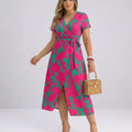 Women's Wrap Dress with Floral Print – V-Neck Midi Dress with Slit & Tie Belt