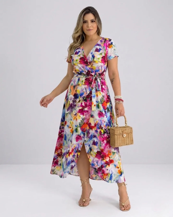 Women's Wrap Dress with Floral Print – V-Neck Midi Dress with Slit & Tie Belt