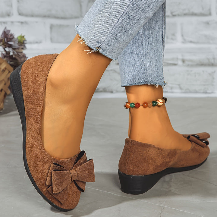 Women's Wedge Ballet Flats Bow Detail Suede Slip On Shoes