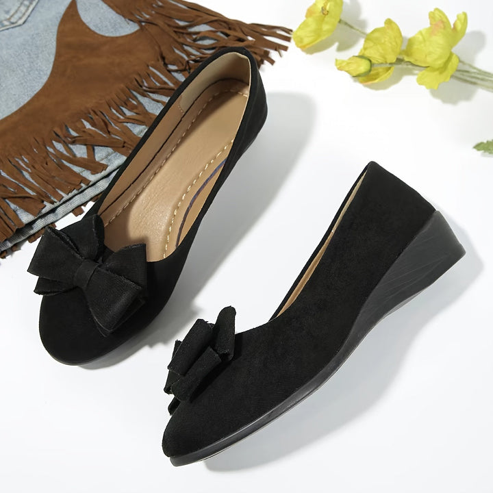 Women's Wedge Ballet Flats Bow Detail Suede Slip On Shoes