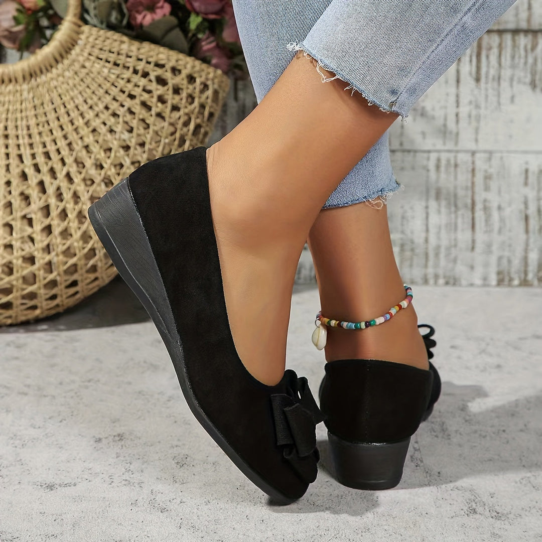 Women's Wedge Ballet Flats Bow Detail Suede Slip On Shoes