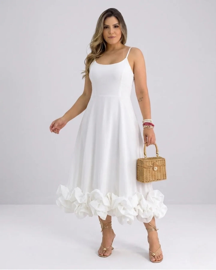 Ladies Elegant A-Line Dress – Spaghetti Strap Midi Dress with Ruffle Skirt | Party & Wedding