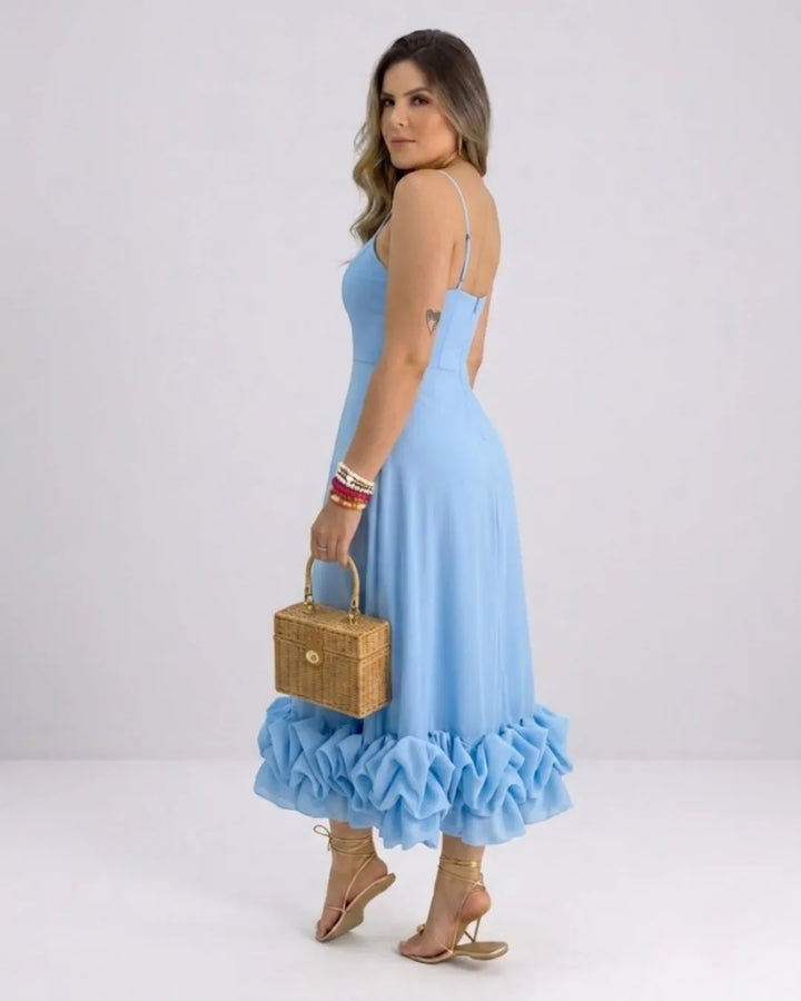 Ladies Elegant A-Line Dress – Spaghetti Strap Midi Dress with Ruffle Skirt | Party & Wedding