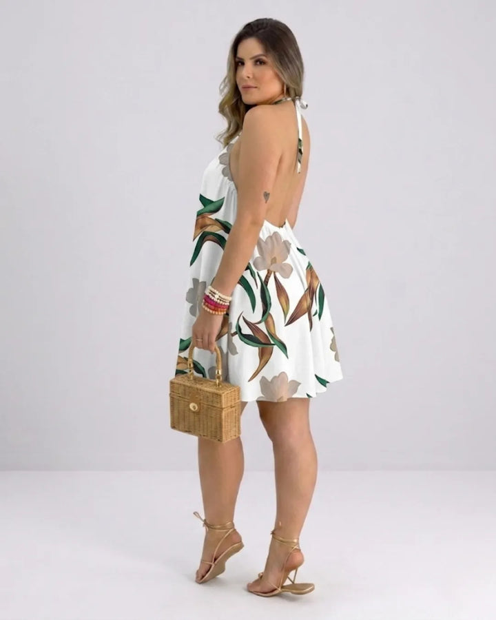 Women's Halter Neck Swing Dress – Tropical Mini Dress with Floral Print | Beach Dress