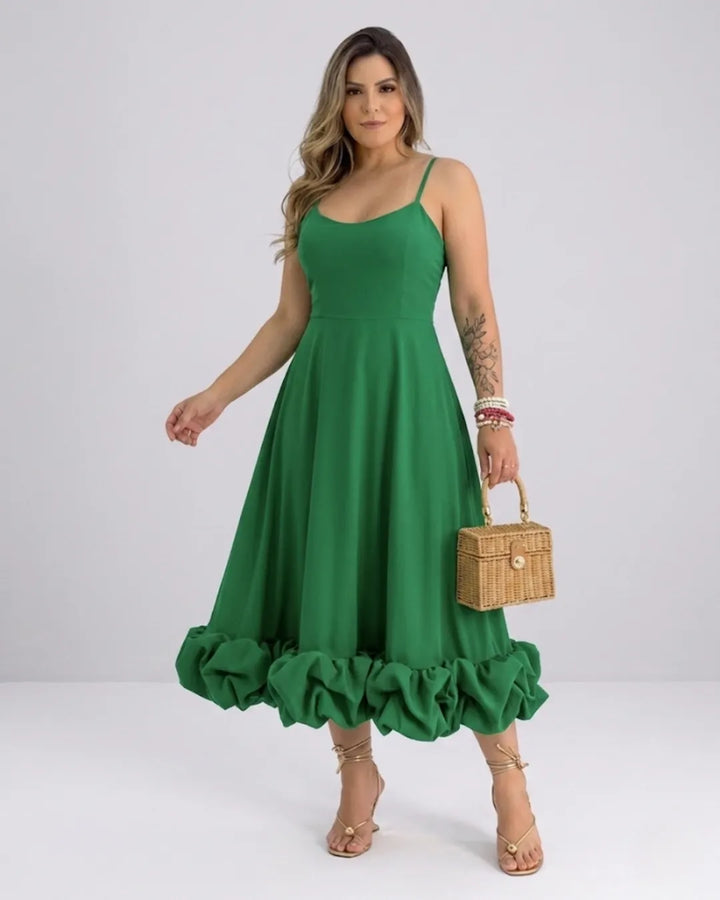 Ladies Elegant A-Line Dress – Spaghetti Strap Midi Dress with Ruffle Skirt | Party & Wedding