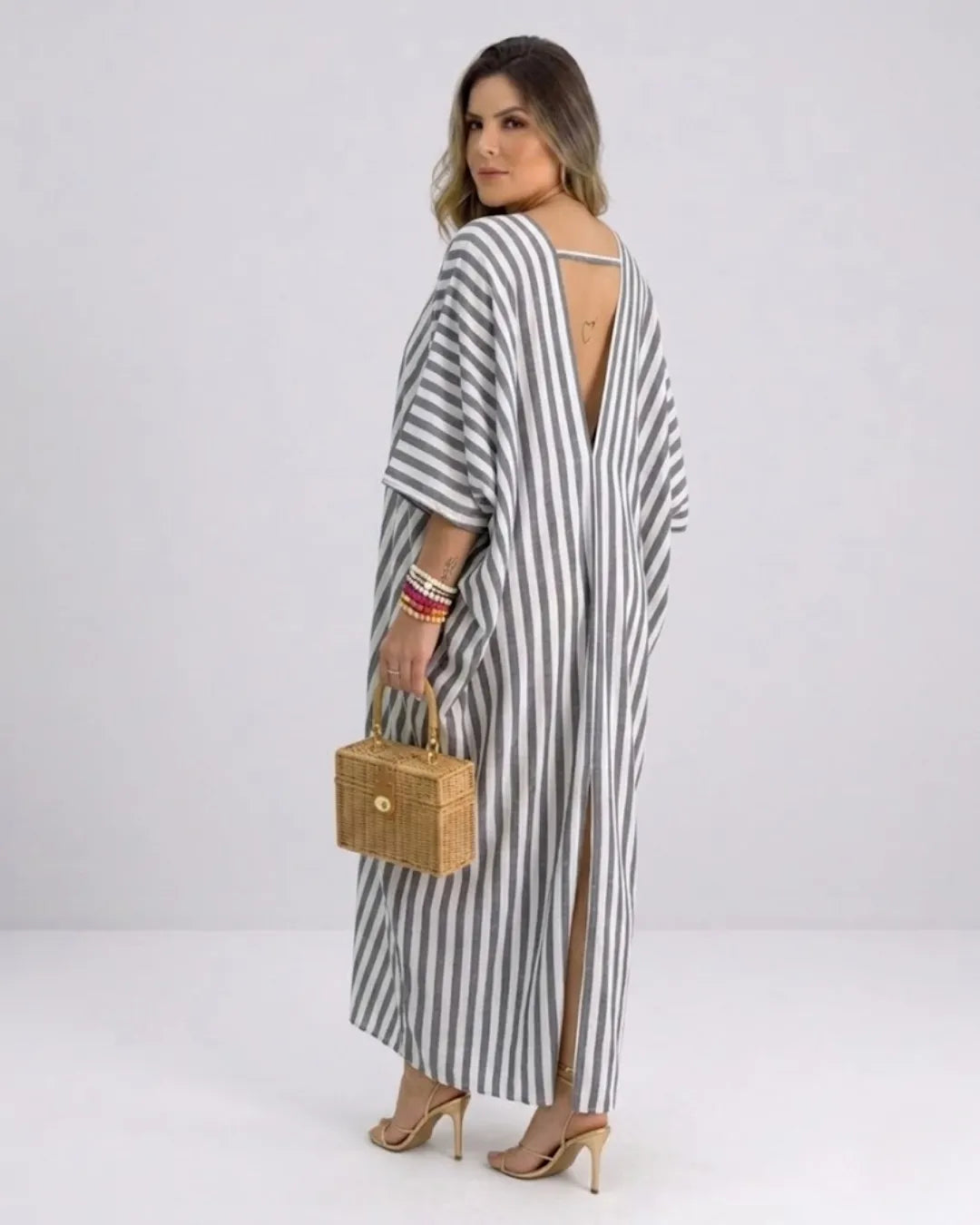 Women's Kaftan Maxi Dress – Airy Striped Dress with Deep V-Neck & Batwing Sleeves