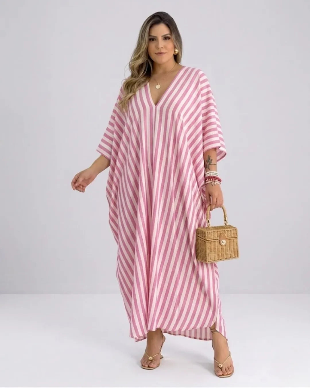 Women's Kaftan Maxi Dress – Airy Striped Dress with Deep V-Neck & Batwing Sleeves