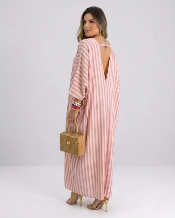 Women's Kaftan Maxi Dress – Airy Striped Dress with Deep V-Neck & Batwing Sleeves