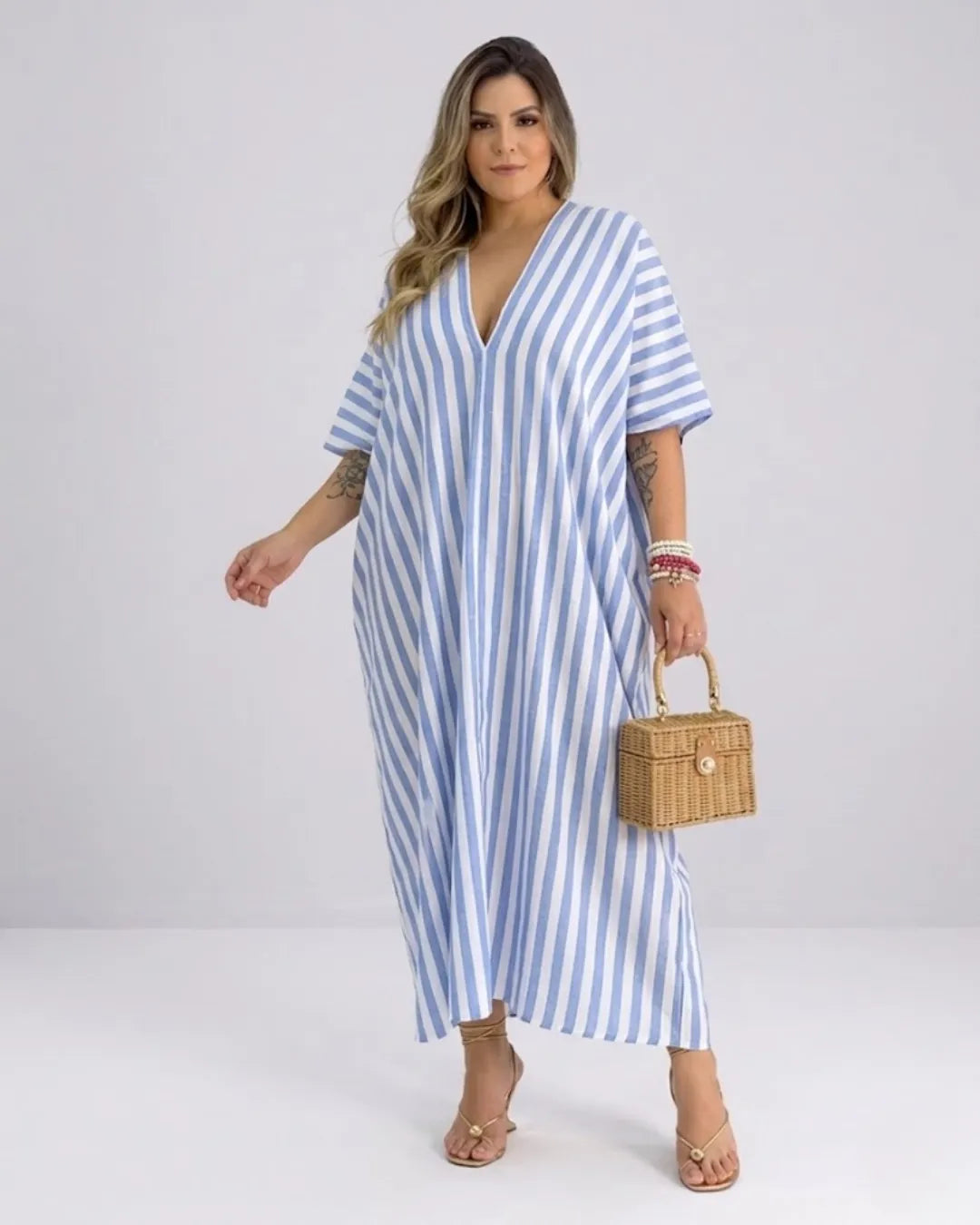 Women's Kaftan Maxi Dress – Airy Striped Dress with Deep V-Neck & Batwing Sleeves