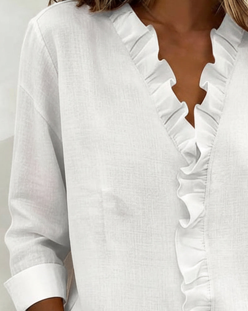 Women's Ruffle V-Neck Long Sleeve Blouse Spring Top