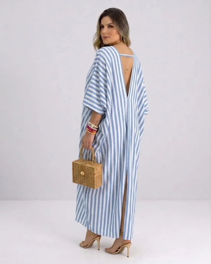 Women's Kaftan Maxi Dress – Airy Striped Dress with Deep V-Neck & Batwing Sleeves