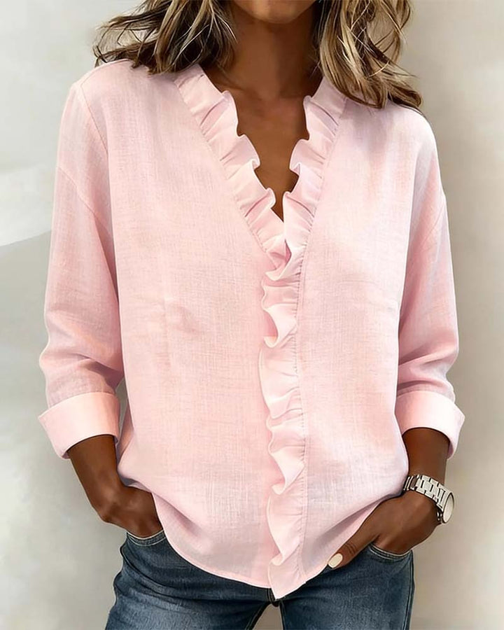 Women's Ruffle V-Neck Long Sleeve Blouse Spring Top