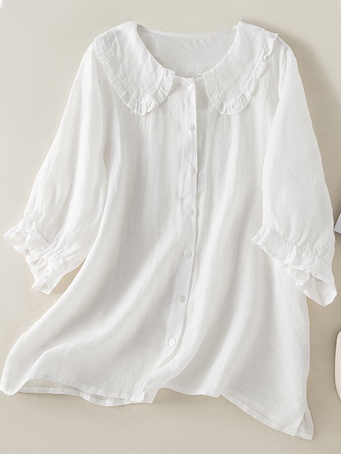 Women's Fashionable Cotton Shirt with Loose Ruffled Neck