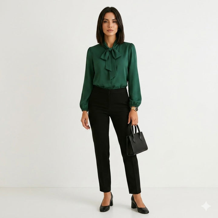 Elegant Tie-Neck Blouse with Satin Finish For Women