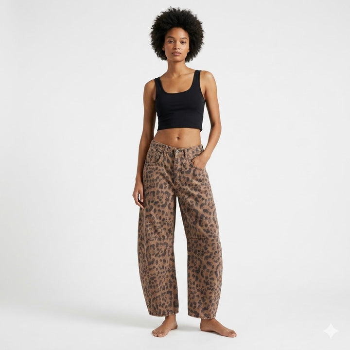 Leopard Print Barrel Jeans For Women