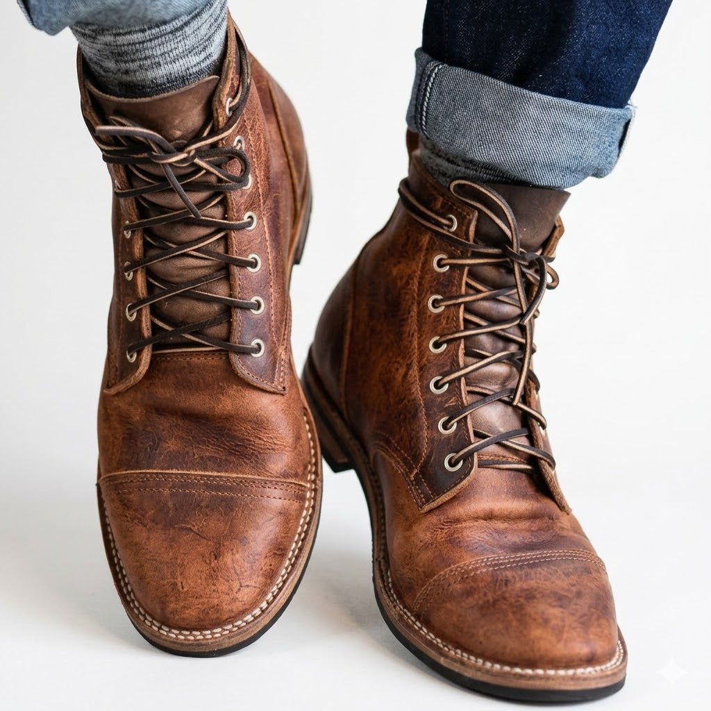 Vintage Leather Lace-Up Boots For Men