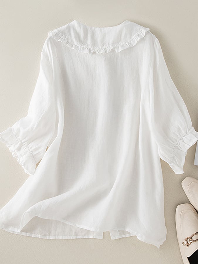 Women's Fashionable Cotton Shirt with Loose Ruffled Neck