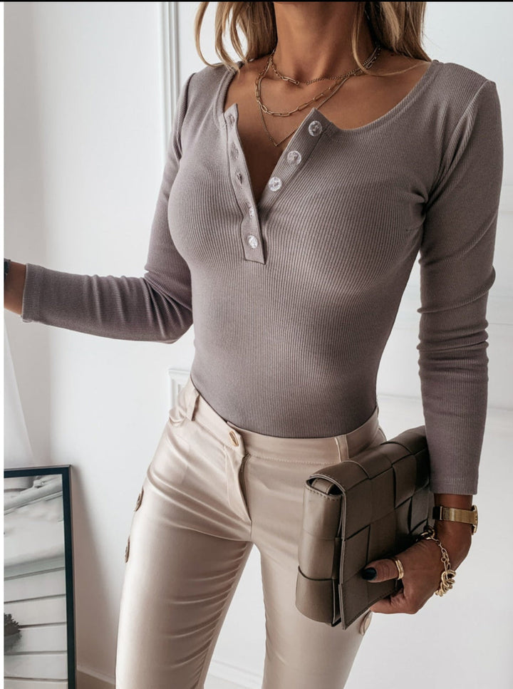 Ribbed Button Long Sleeve Top For Women
