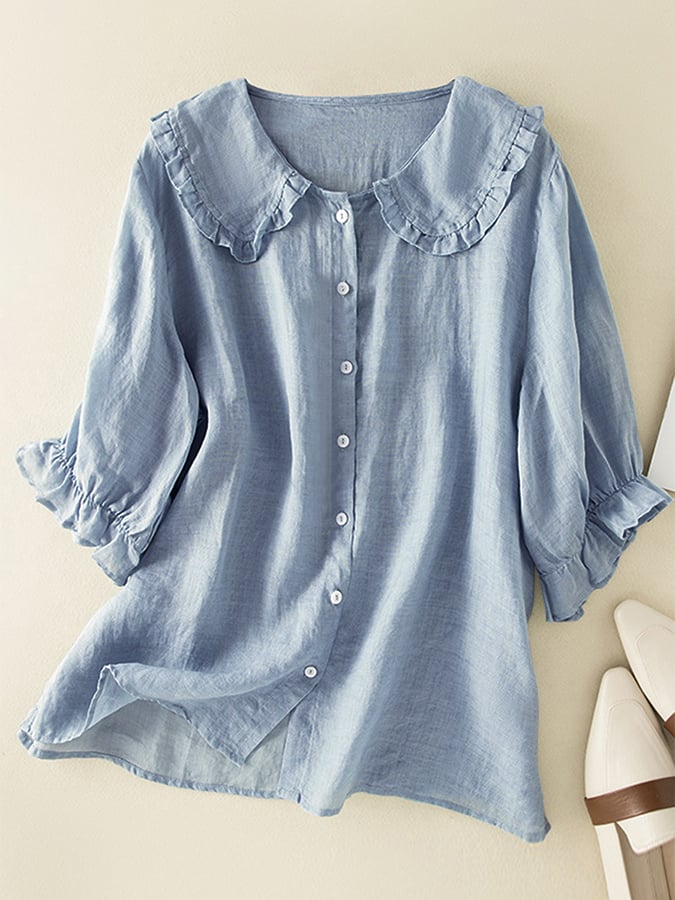 Women's Fashionable Cotton Shirt with Loose Ruffled Neck