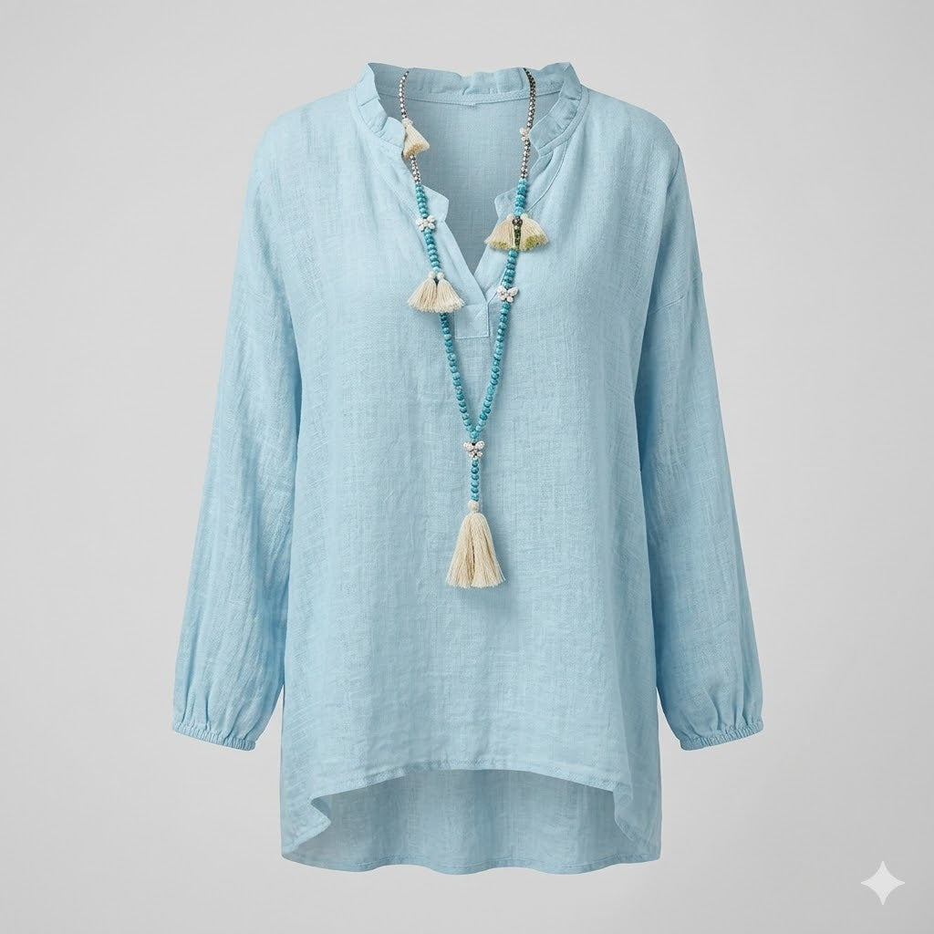 Azure Breeze Relaxed Linen Blouse with Effortless Flow For Women