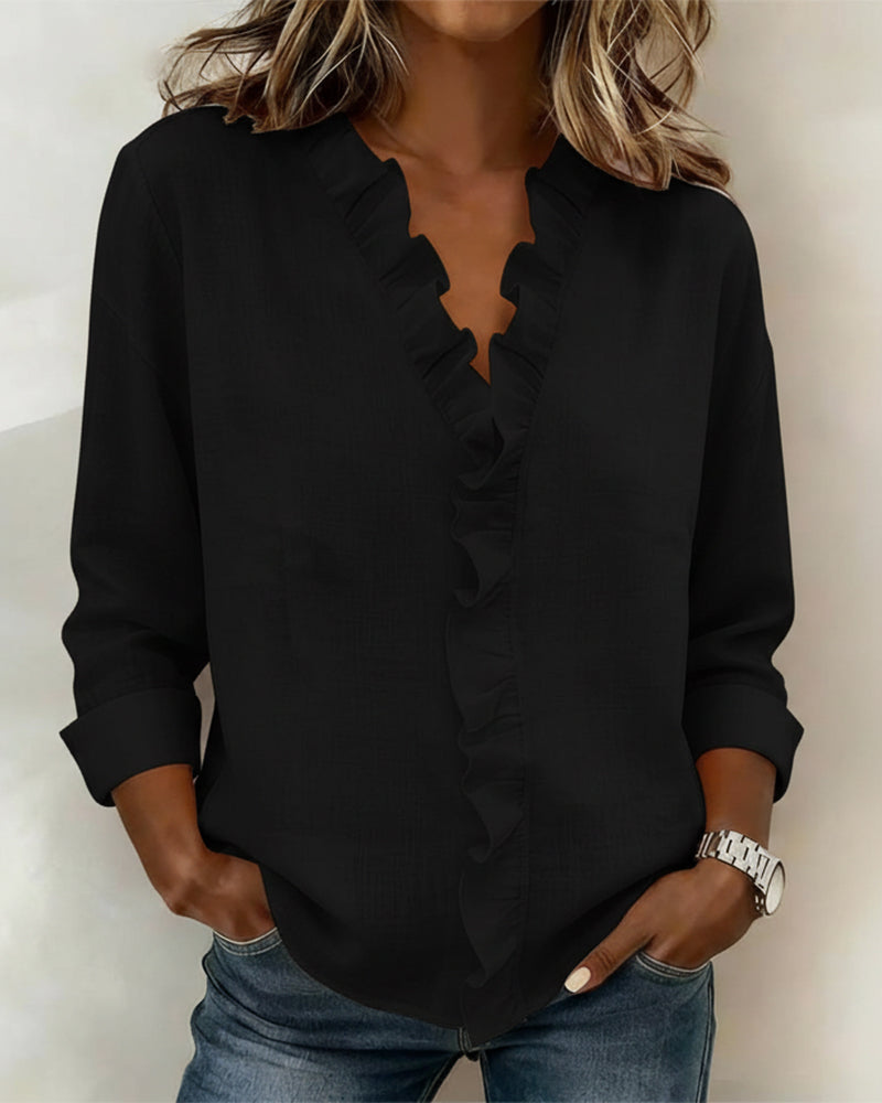 Women's Ruffle V-Neck Long Sleeve Blouse Spring Top