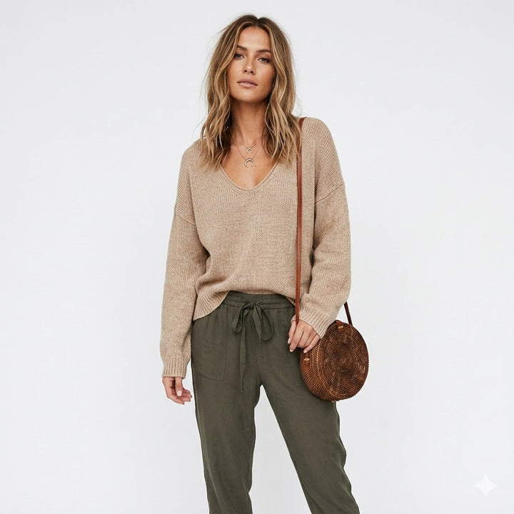 Relaxed V-Neck Knit Jumper With Soft Drape For Women