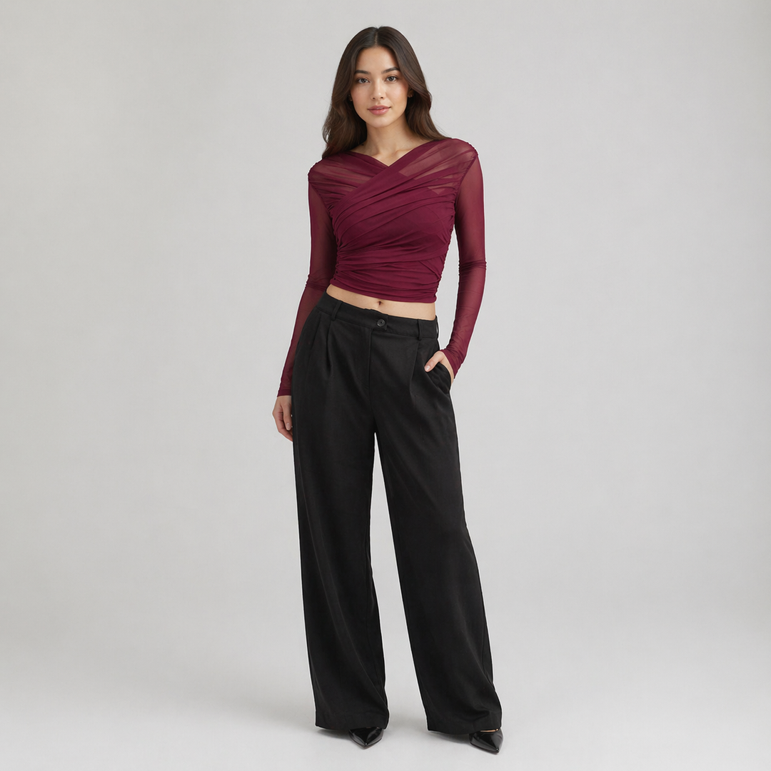 Ruched Wrap Mesh Top For Women