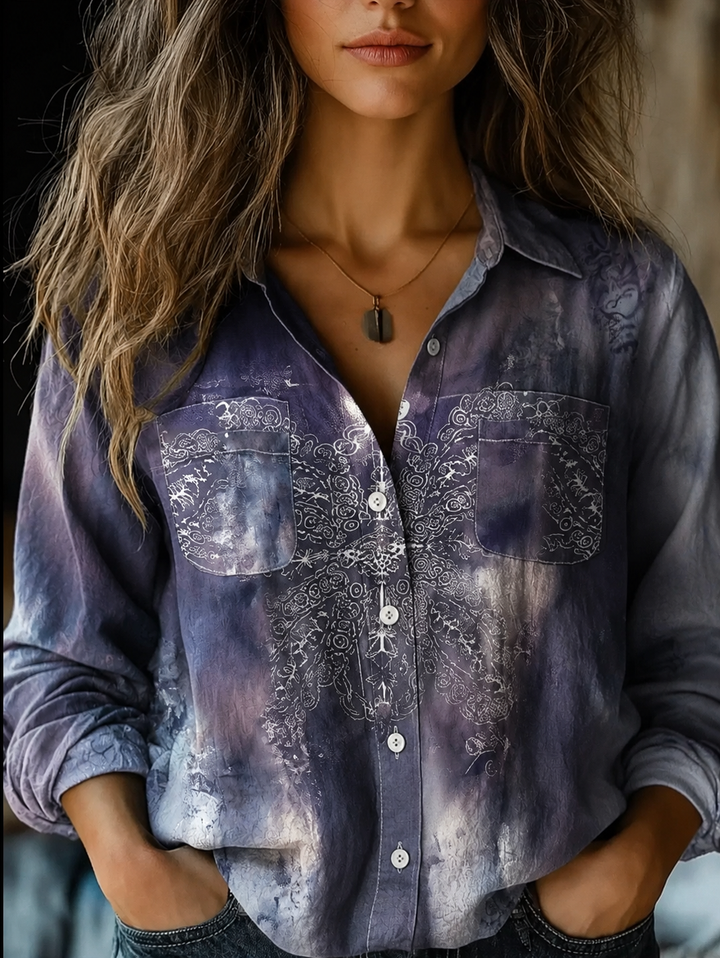 Women's Vintage Floral Print Long Sleeve Button-Down Shirt