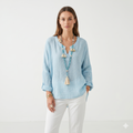 Azure Breeze Relaxed Linen Blouse with Effortless Flow For Women