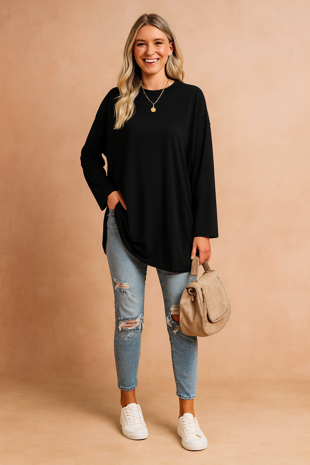 Relaxed Long Sleeve Tunic Top For Women