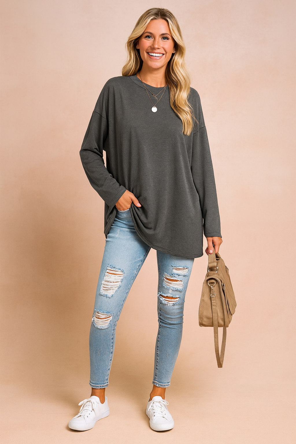 Relaxed Long Sleeve Tunic Top For Women
