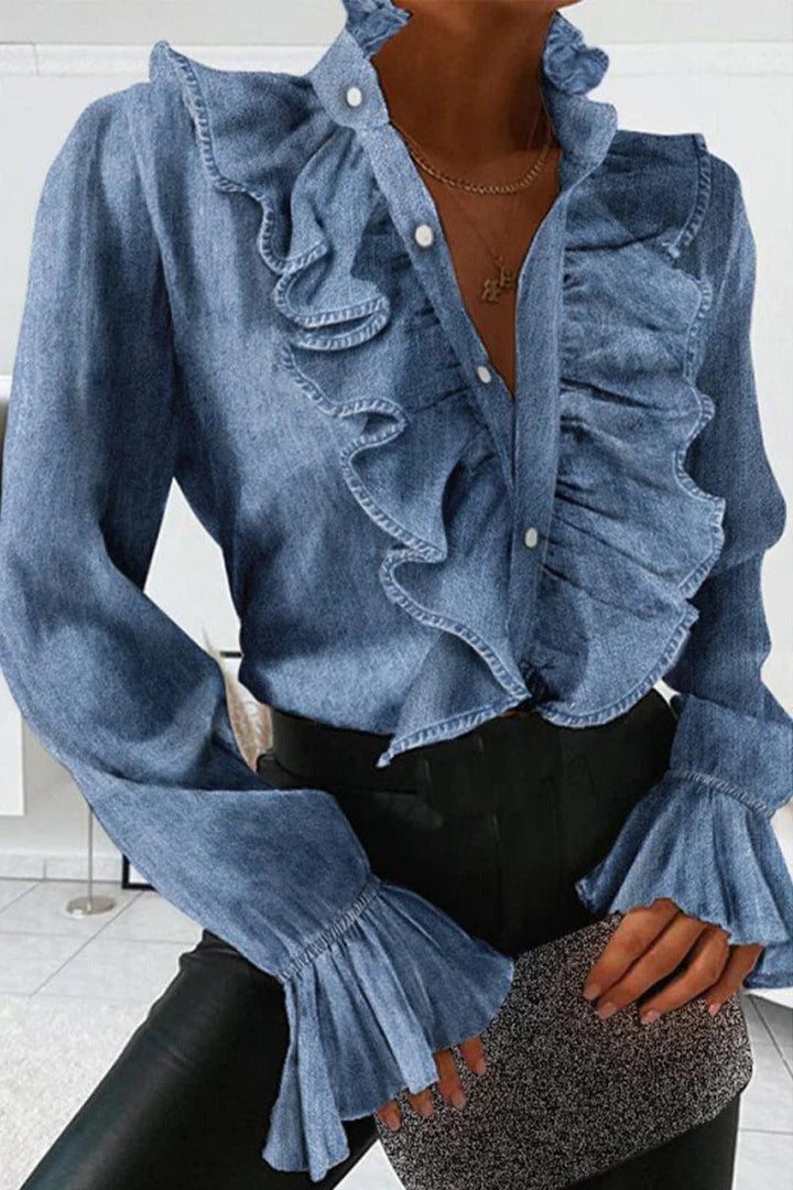 Chic Ruffle Denim Blouse For Women