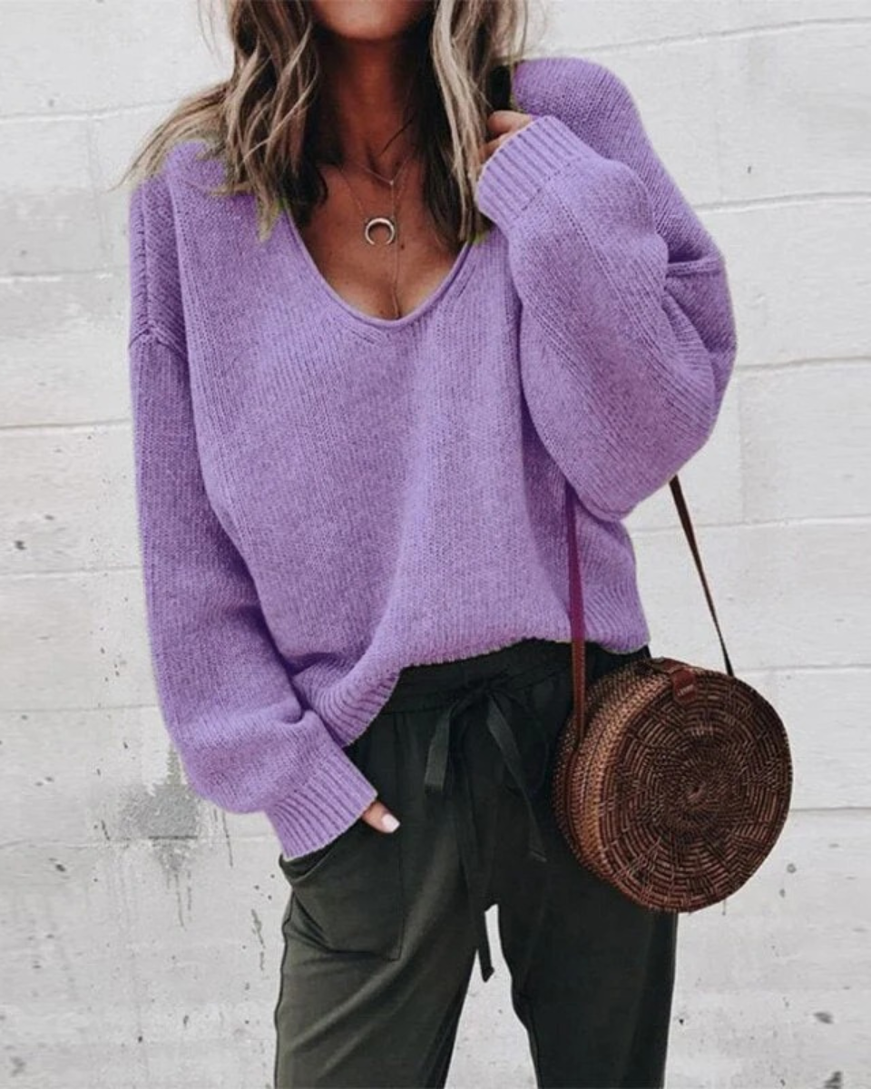 Relaxed V-Neck Knit Jumper With Soft Drape For Women