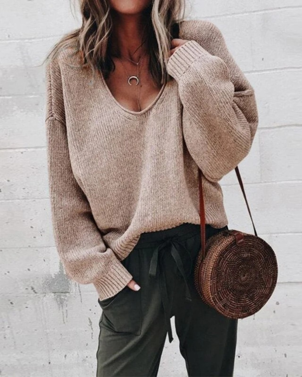 Relaxed V-Neck Knit Jumper With Soft Drape For Women
