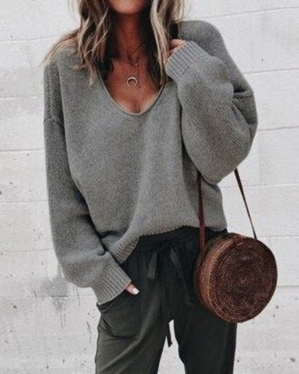 Relaxed V-Neck Knit Jumper With Soft Drape For Women
