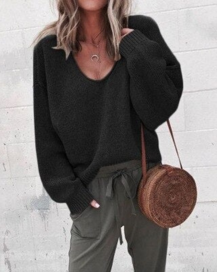 Relaxed V-Neck Knit Jumper With Soft Drape For Women