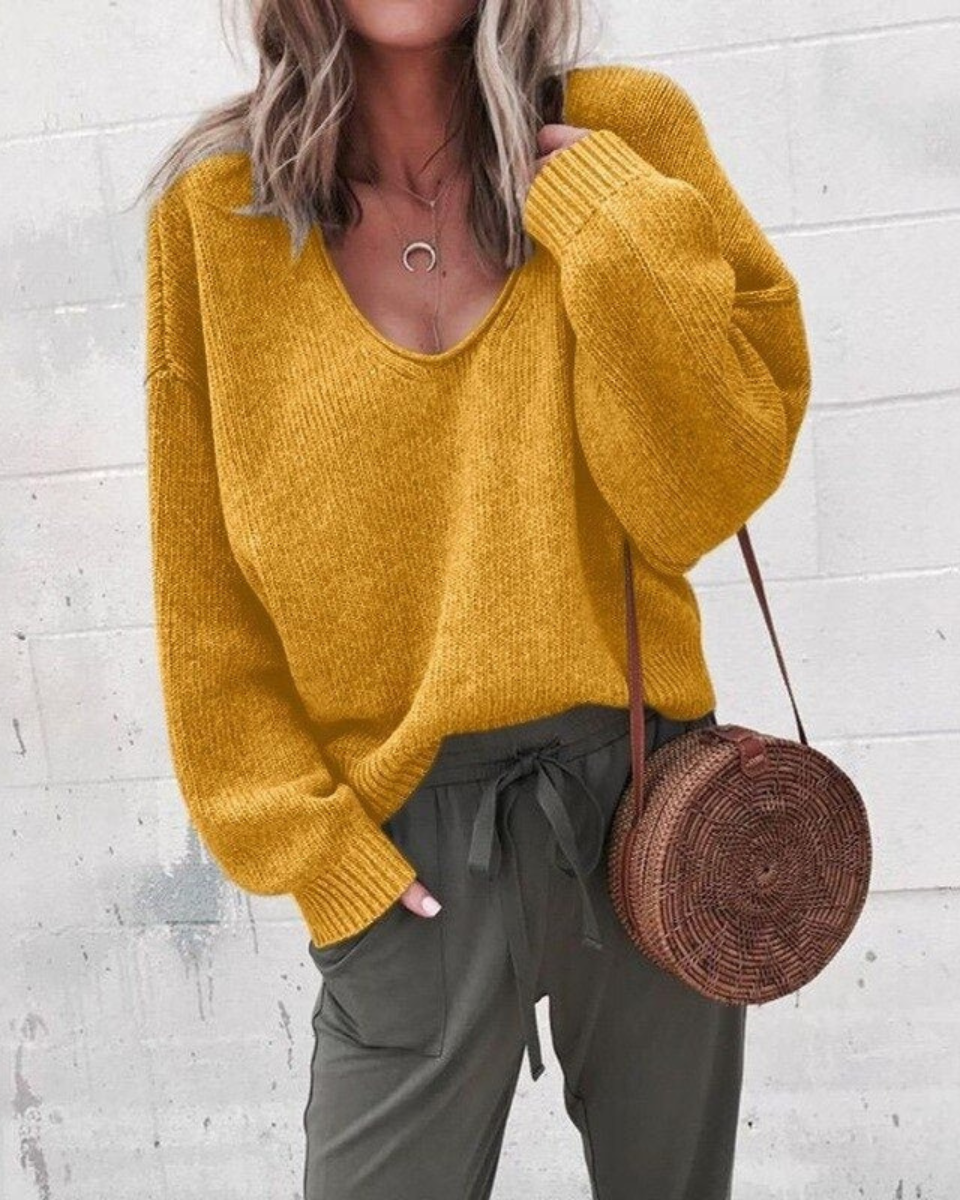 Relaxed V-Neck Knit Jumper With Soft Drape For Women