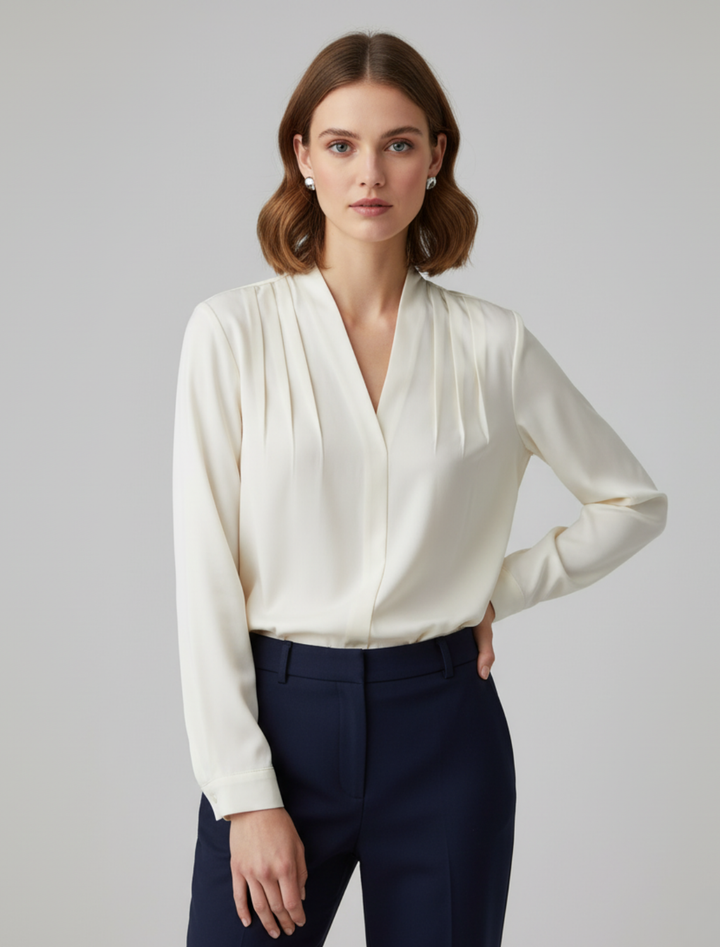 Pleated V-Neck Satin Blouse For Women