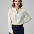 Pleated V-Neck Satin Blouse For Women