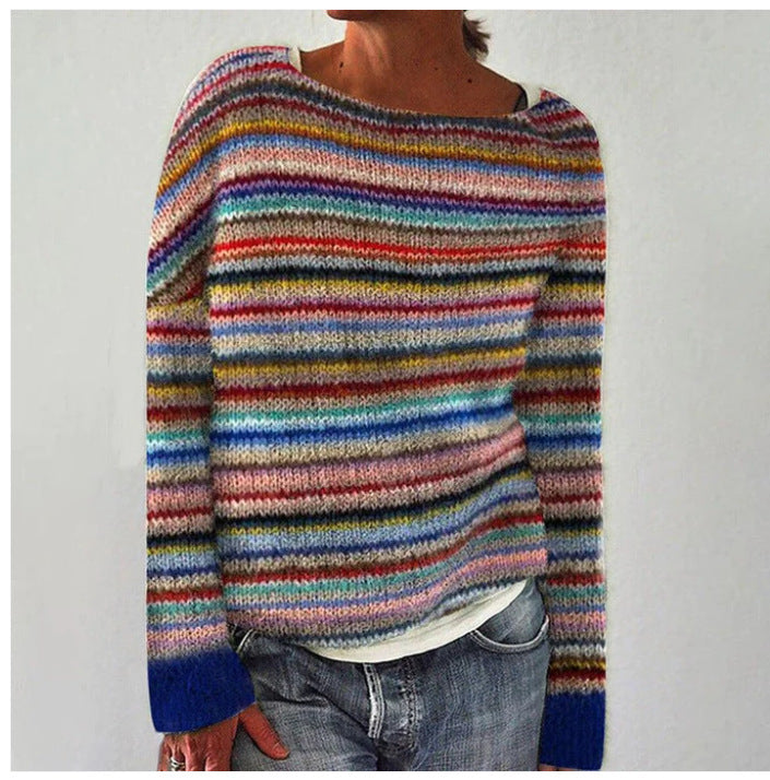 Rainbow Stripe Knit Sweater For Women
