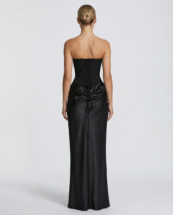 Black Satin Corset Maxi Dress For Women