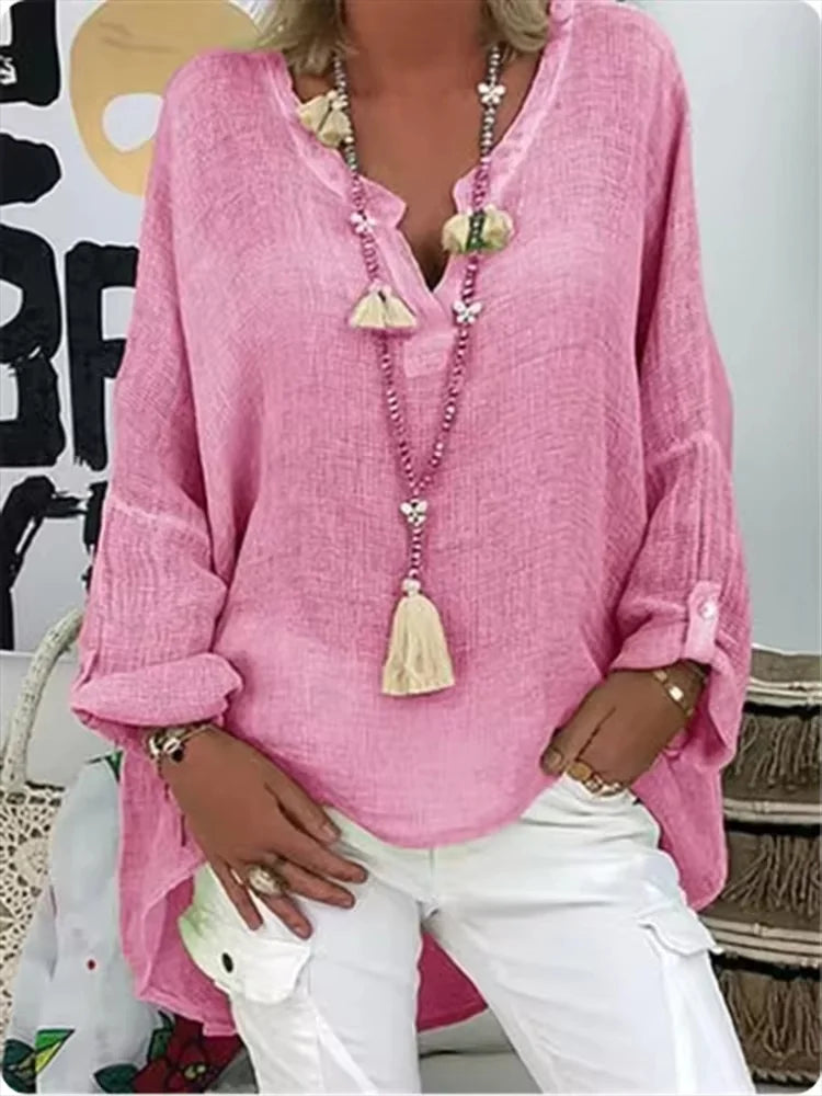 Azure Breeze Relaxed Linen Blouse with Effortless Flow For Women