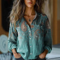 Women's Boho Print Long Sleeve Button-Up Blouse