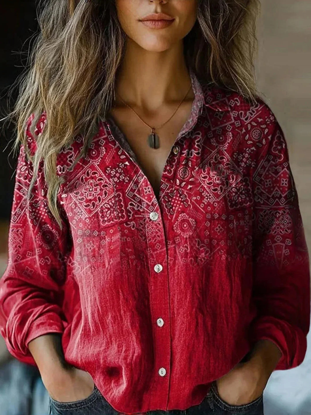 Women's Boho Print Long Sleeve Button-Up Blouse