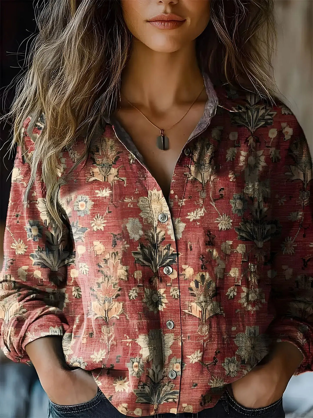 Women's Boho Print Long Sleeve Button-Up Blouse