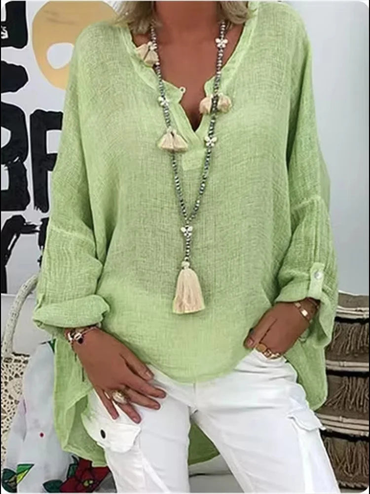 Azure Breeze Relaxed Linen Blouse with Effortless Flow For Women