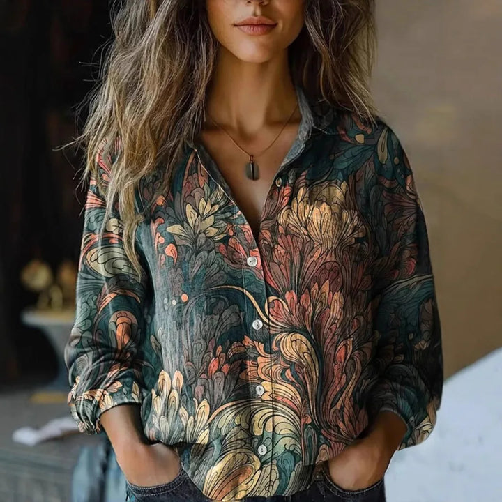 Women's Vintage Floral Print Long Sleeve Button-Down Shirt