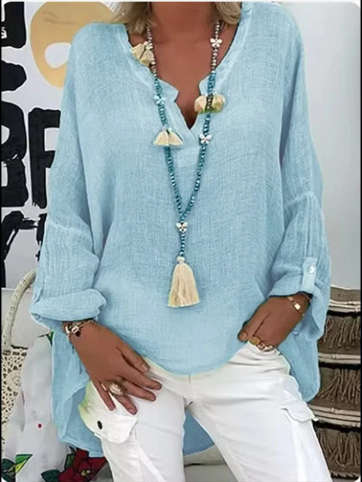 Azure Breeze Relaxed Linen Blouse with Effortless Flow For Women